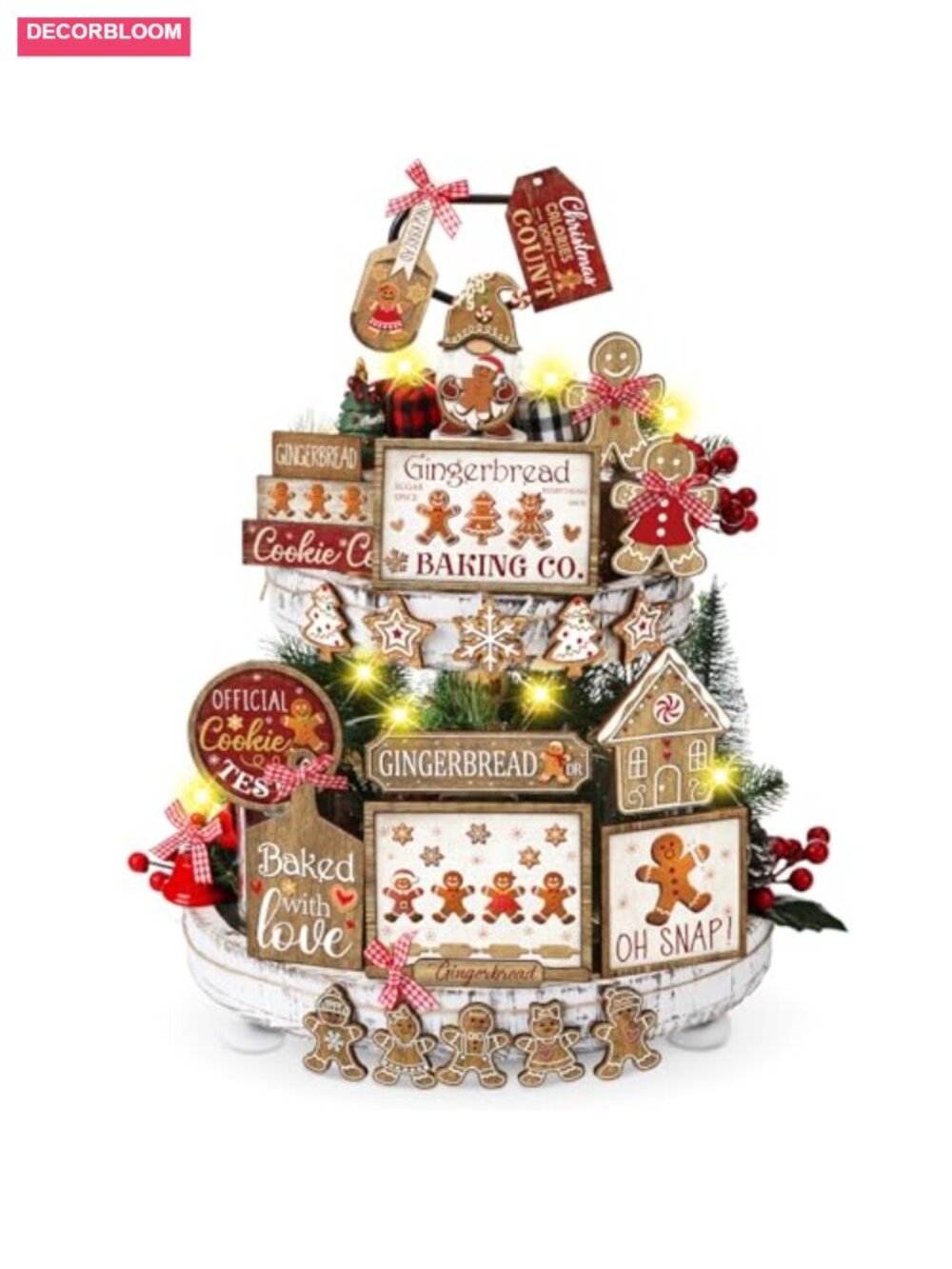 24 Pc Christmas Tiered Tray Decor Wooden Gingerbread Table Signs Farmhouse